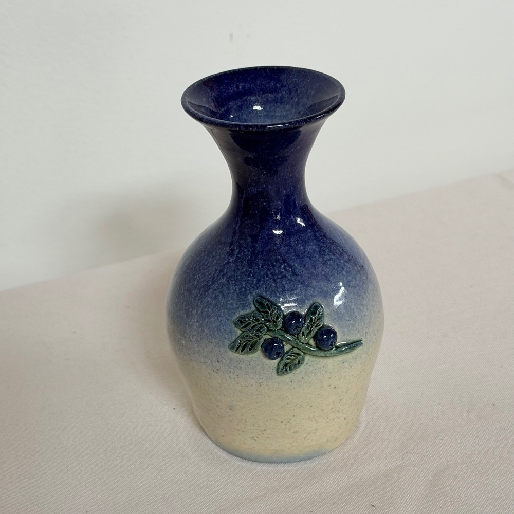 Johnson Studio Pottery Bud Vase Blue Cream Ombre Berry Relief Signed 5 Inch